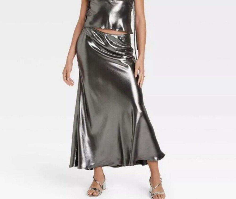 Women's Metallic Trumpet Maxi Skirt - Wild Fable Silver Size XXS NWT